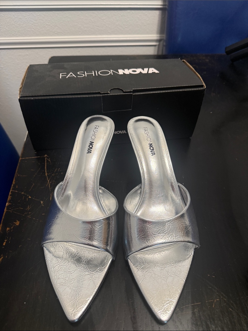 Fashion Nova Metallic Silver Pointed Mule Slides